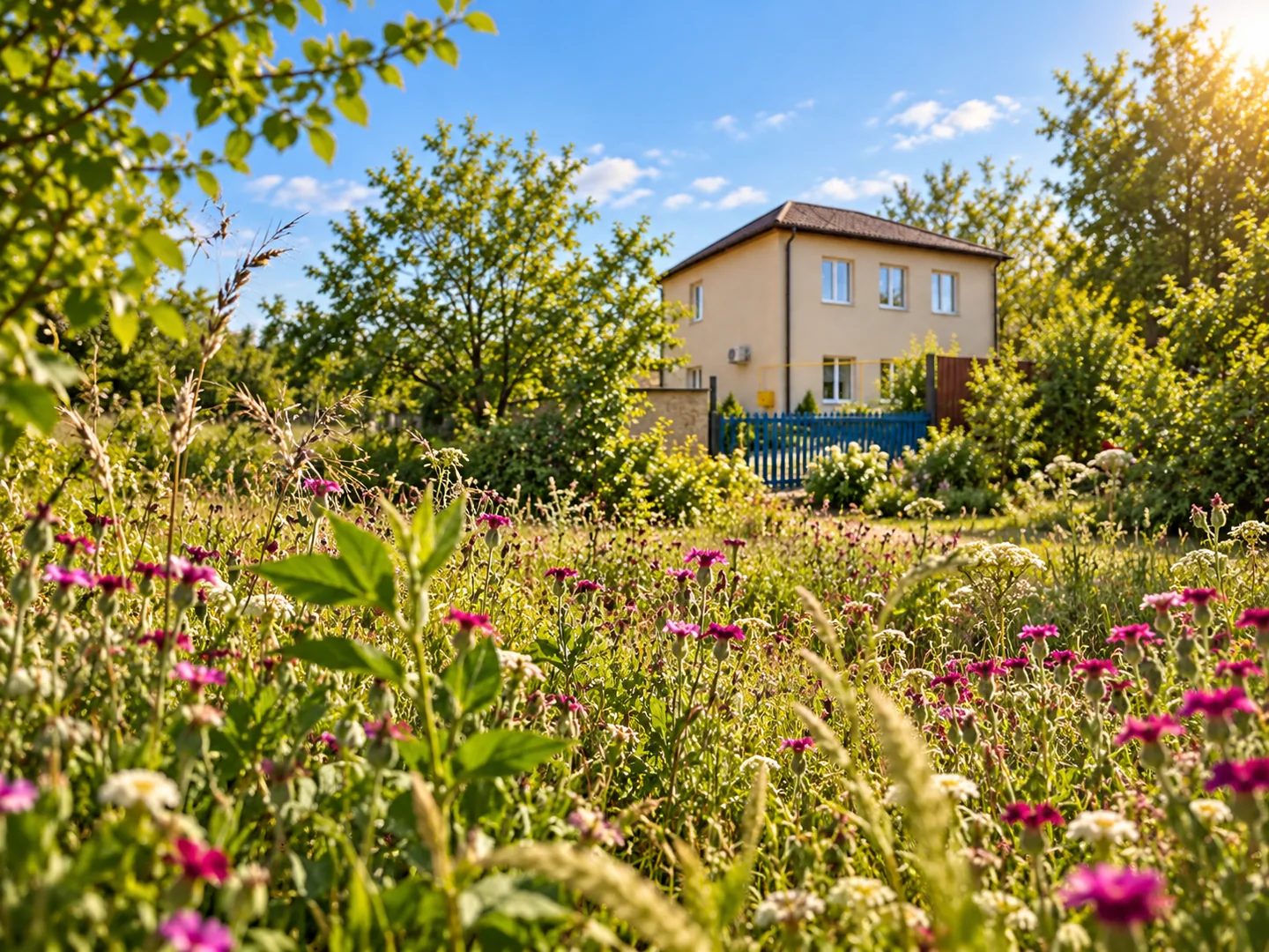 Artistic illustration of the centre building behind a flowering meadow