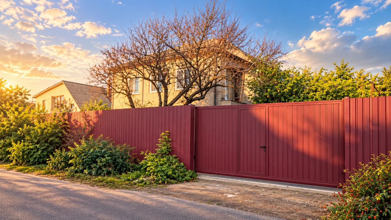 The centre building behind red gates, with trees in warm evening light